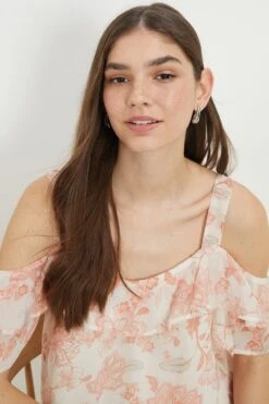 Dorothy Perkins Floral Chiffon Frill Neck Bardot Top -Perkindo Store bqq11036 pink xl 3