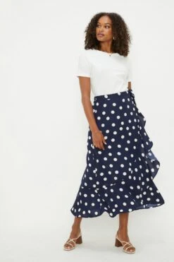 Dorothy Perkins Tall Navy Spot Frill Wrap Midi Skirt