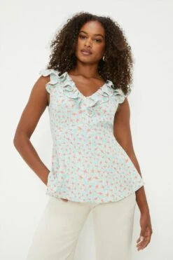 Dorothy Perkins Tall Aqua Ditsy Ruffle Front Shell Blouse