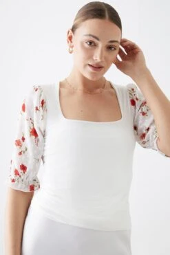 Dorothy Perkins Tall Floral Embroidered Sleeve Top