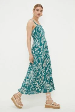Dorothy Perkins Green Paisley Print Shirred Strappy Midi Dress