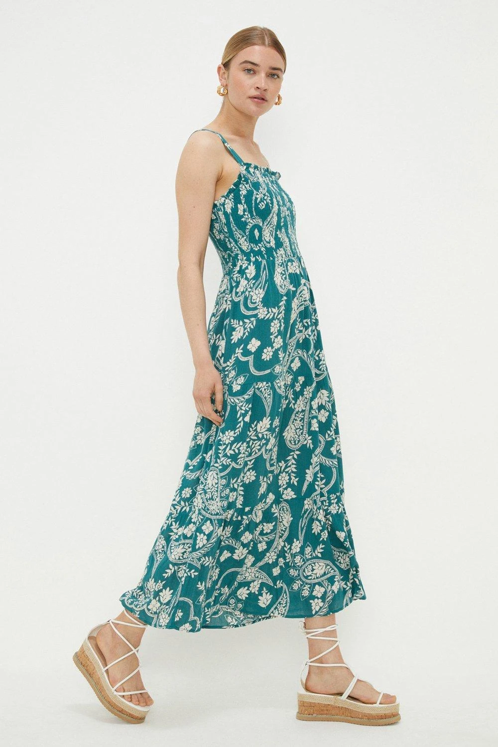 Dorothy Perkins Green Paisley Print Shirred Strappy Midi Dress 3 Dorothy Perkins Green Paisley Print Shirred Strappy Midi Dress