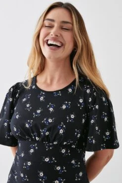 Dorothy Perkins Black Ditsy Flutter Sleeve Empire Waist Midi Dress