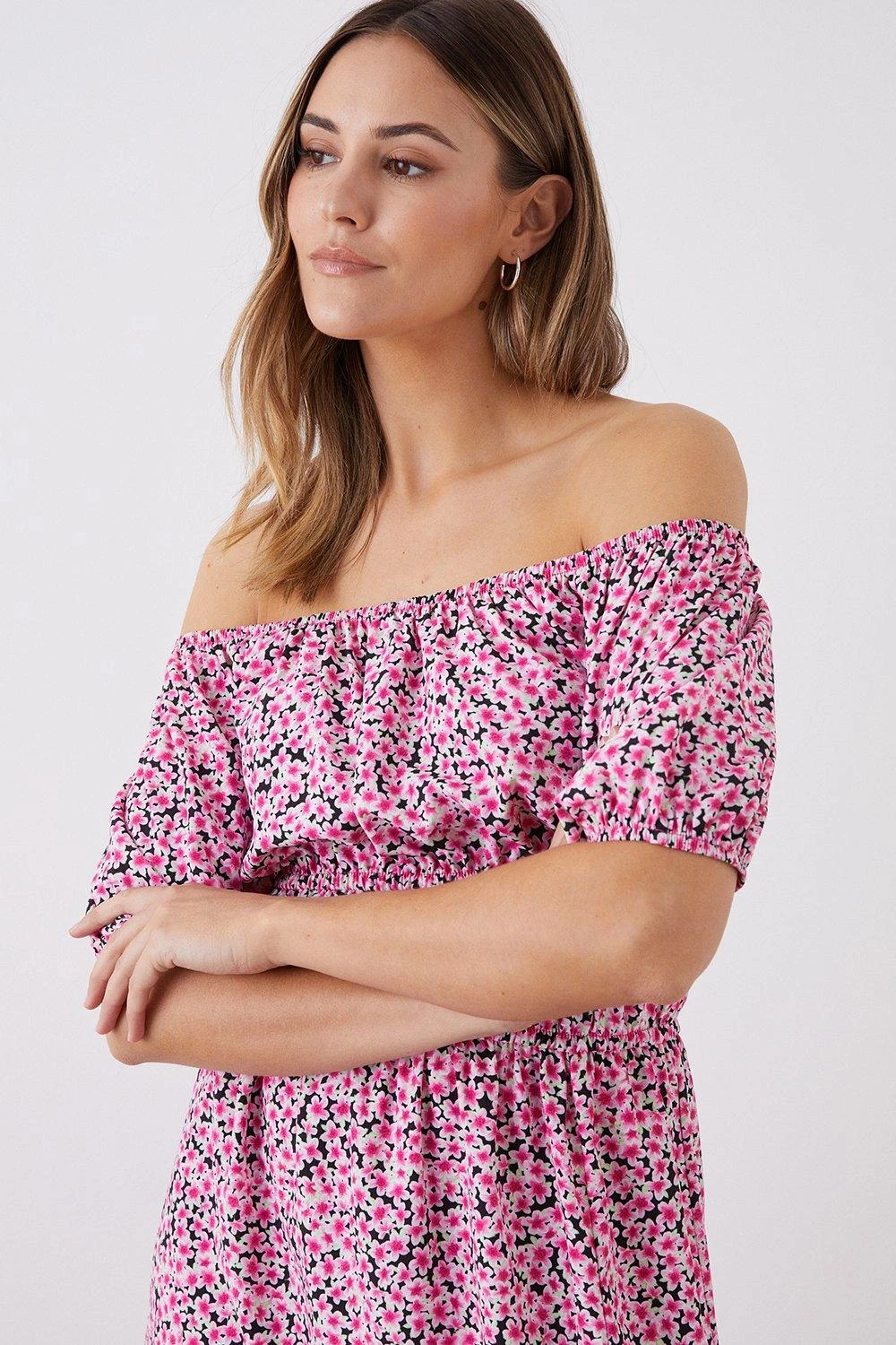 Dorothy Perkins Tall Pink Ditsy Print Bardot Midi Dress 3 Dorothy Perkins Tall Pink Ditsy Print Bardot Midi Dress - Image 2