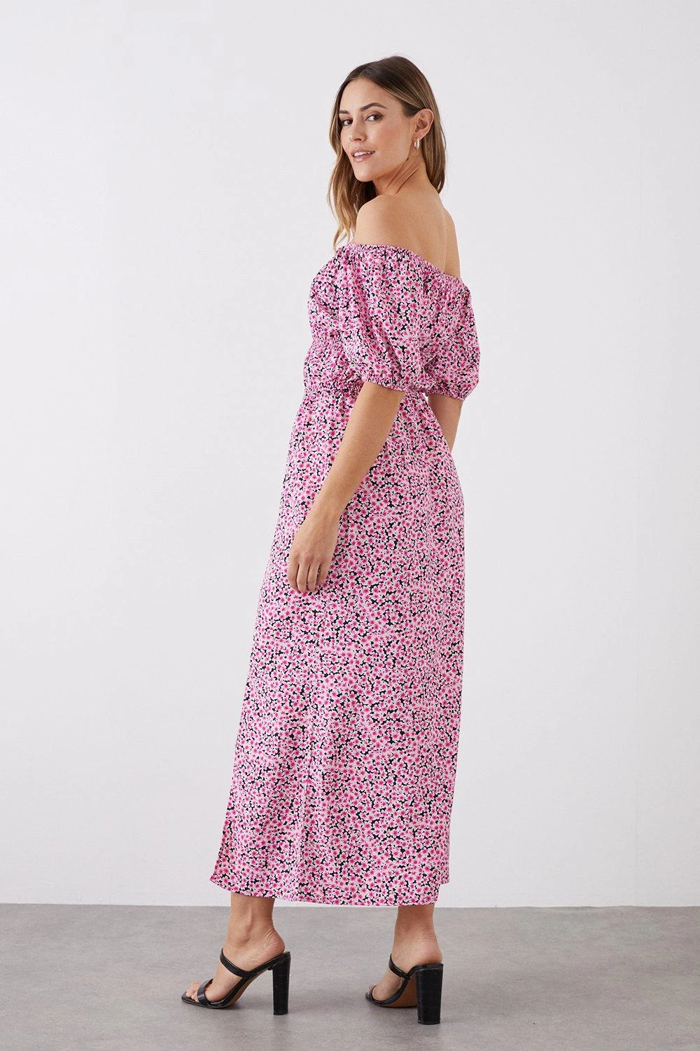 Dorothy Perkins Tall Pink Ditsy Print Bardot Midi Dress 4 Dorothy Perkins Tall Pink Ditsy Print Bardot Midi Dress - Image 3