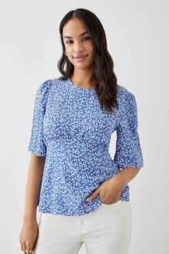 Dorothy Perkins Blue Floral Angel Sleeve Tea Blouse