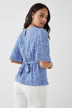 Dorothy Perkins Blue Floral Angel Sleeve Tea Blouse -Perkindo Store bqq11186 blue xl 2