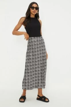 Dorothy Perkins Mono Print Satin Bias Midi Skirt
