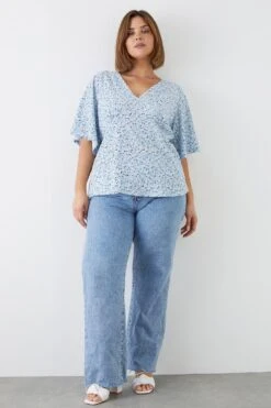 Dorothy Perkins Curve Blue Ditsy Angel Sleeve Blouse