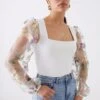 Dorothy Perkins Organza Floral Sleeve Square Neck Top -Perkindo Store bqq11602 ivory xl