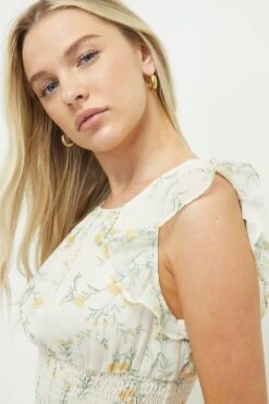 Dorothy Perkins Petite Ivory Ditsy Chiffon Shirred Waist Midi Dress -Perkindo Store bqq11613 ivory xl 1