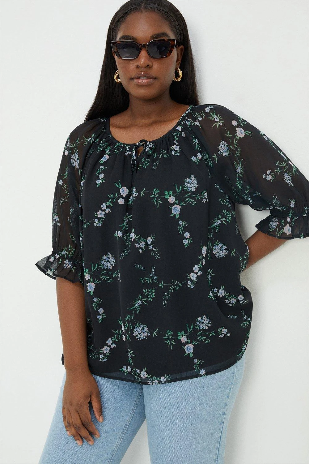 Dorothy Perkins Curve Black Floral Chiffon Tie Neck Blouse 3 Dorothy Perkins Curve Black Floral Chiffon Tie Neck Blouse