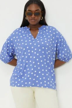 Dorothy Perkins Curve Blue Spot Short Sleeve Overhead Blouse