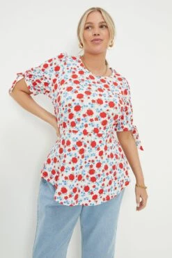 Dorothy Perkins Curve Red Ditsy Floral Tie Sleeve Blouse