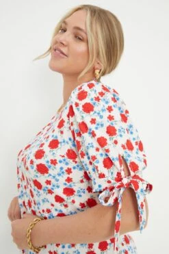Dorothy Perkins Curve Red Ditsy Floral Tie Sleeve Blouse -Perkindo Store bqq11671 red xl 2