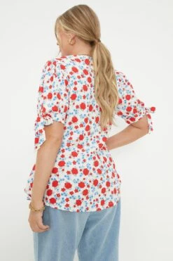 Dorothy Perkins Curve Red Ditsy Floral Tie Sleeve Blouse -Perkindo Store bqq11671 red xl 3