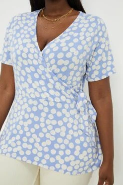 Dorothy Perkins Curve Blue Spot Wrap Blouse
