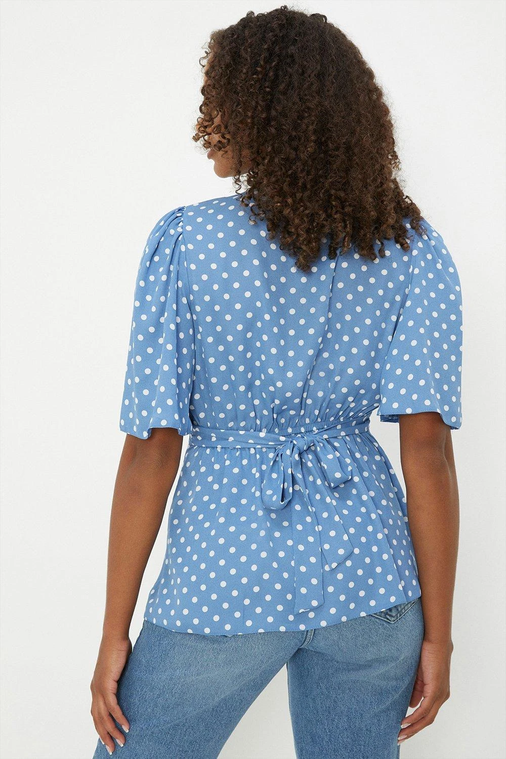 Dorothy Perkins Tall Blue Spot Wrap Angel Sleeve Blous 5 Dorothy Perkins Tall Blue Spot Wrap Angel Sleeve Blous - Image 3