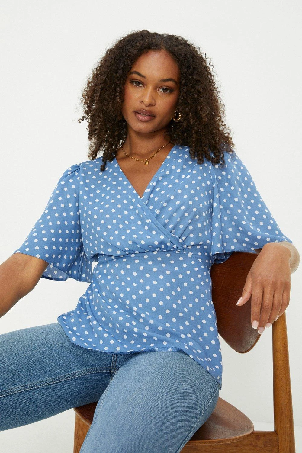Dorothy Perkins Tall Blue Spot Wrap Angel Sleeve Blous 6 Dorothy Perkins Tall Blue Spot Wrap Angel Sleeve Blous - Image 4