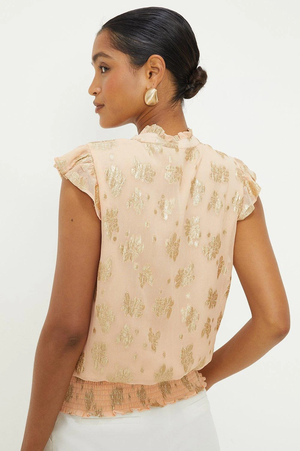 Dorothy Perkins Peach Metallic Jacquard Shirred Hem Tie Front Blouse 5 Dorothy Perkins Peach Metallic Jacquard Shirred Hem Tie Front Blouse - Image 3