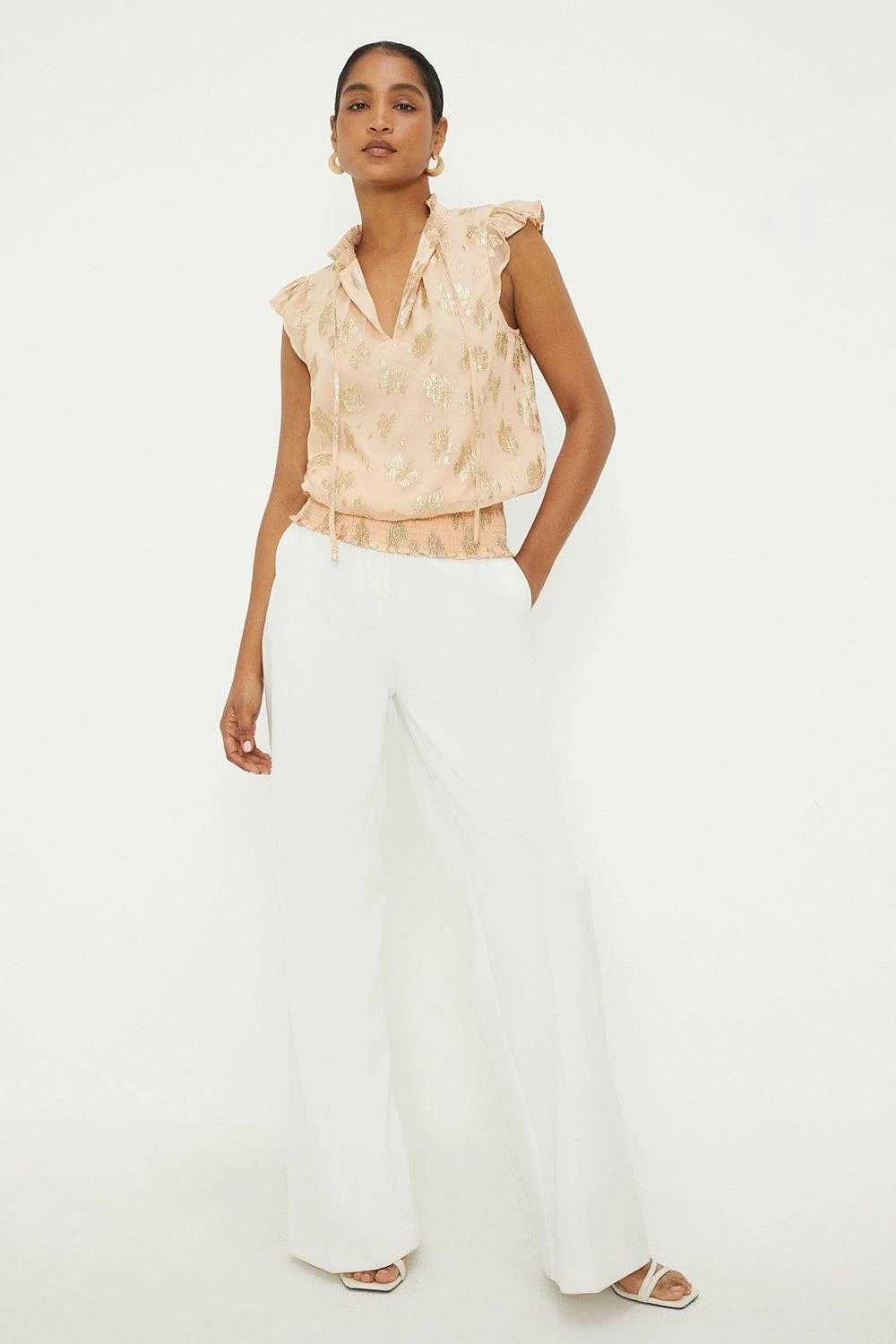 Dorothy Perkins Peach Metallic Jacquard Shirred Hem Tie Front Blouse 6 Dorothy Perkins Peach Metallic Jacquard Shirred Hem Tie Front Blouse - Image 4