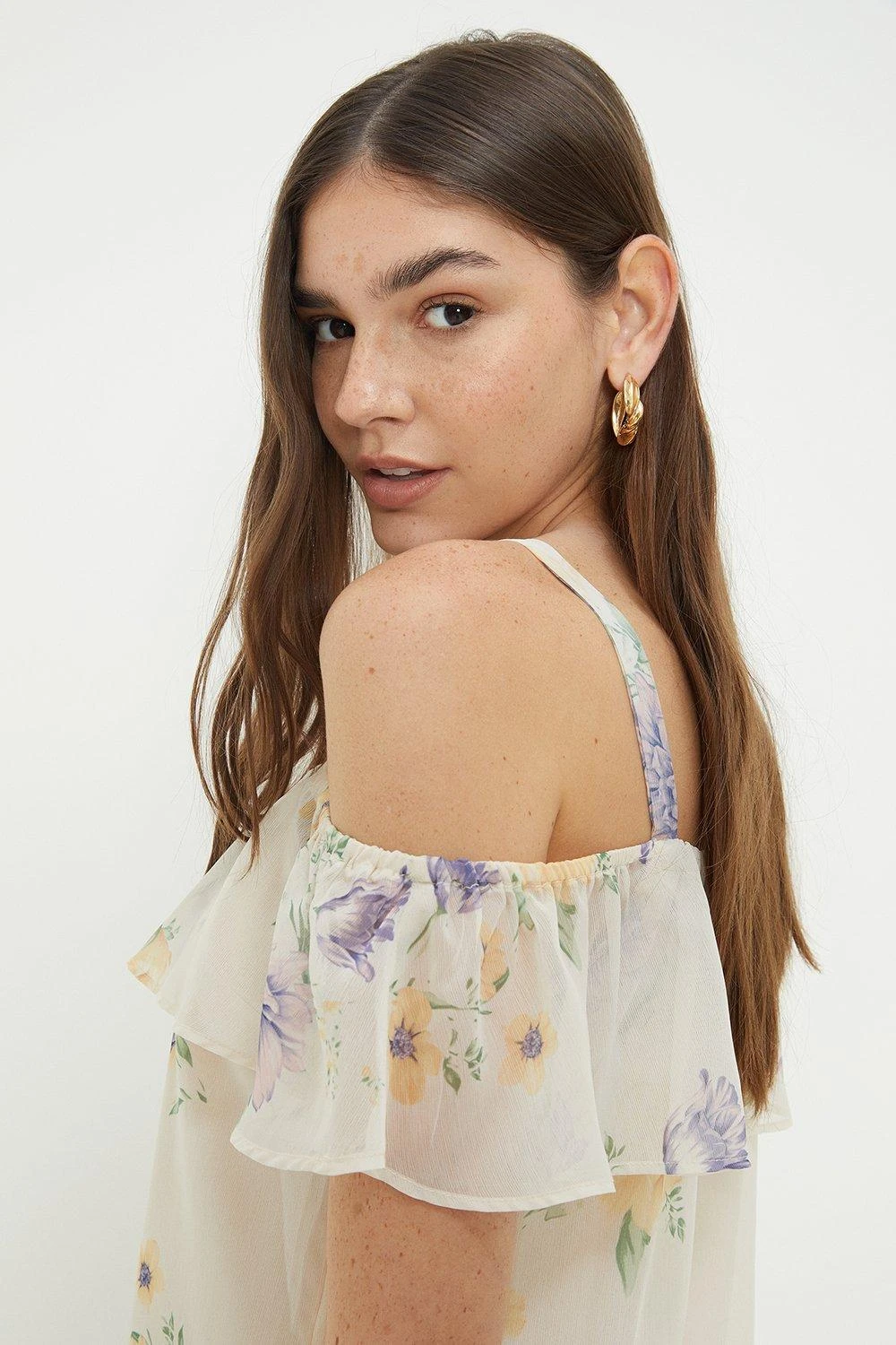 Dorothy Perkins Ivory Floral Chiffon Bardot Top 4 Dorothy Perkins Ivory Floral Chiffon Bardot Top - Image 2