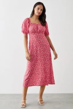Dorothy Perkins Red Ditsy Ruched Scoop Neck Midi Dress