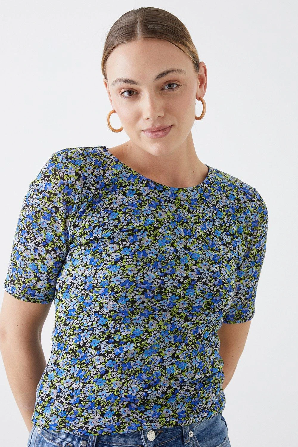 Dorothy Perkins Tall Blue Floral Mesh Short Sleeve Top 4 Dorothy Perkins Tall Blue Floral Mesh Short Sleeve Top - Image 2