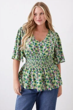 Dorothy Perkins Curve Green Floral Shirred Waist Blouse