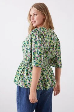 Dorothy Perkins Curve Green Floral Shirred Waist Blouse 7 Dorothy Perkins Curve Green Floral Shirred Waist Blouse -Perkindo Store bqq11909 green xl 2