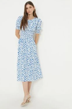Dorothy Perkins Blue Spot Shirred Waist Midi Dress
