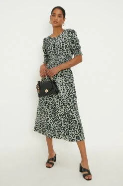 Dorothy Perkins Green Animal Shirred Waist Midi Dress