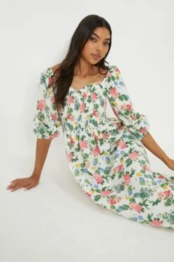 Dorothy Perkins Floral Print Shirred Bodice Midi Dress