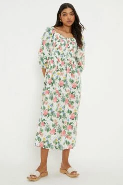 Dorothy Perkins Floral Print Shirred Bodice Midi Dress -Perkindo Store bqq12170 multi xl 3