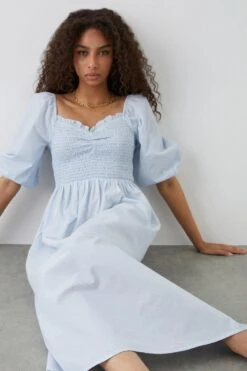 Dorothy Perkins Blue Stripe Shirred Bodice Midi Dress -Perkindo Store bqq12171 blue xl 3