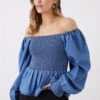 Dorothy Perkins Denim Shirred Bardot Top -Perkindo Store bqq12209 mid20wash xl