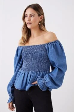 Dorothy Perkins Denim Shirred Bardot Top
