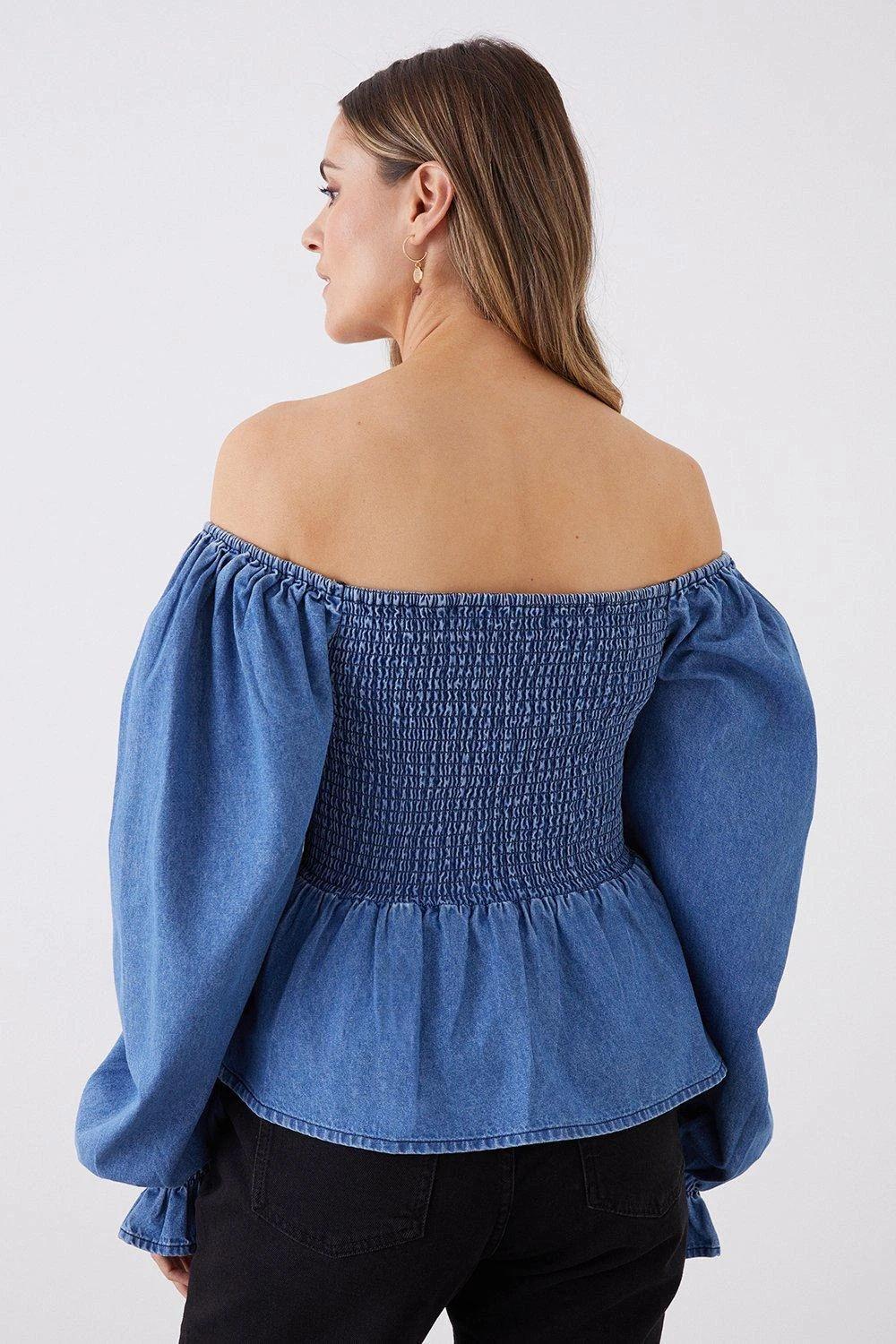 Dorothy Perkins Denim Shirred Bardot Top 5 Dorothy Perkins Denim Shirred Bardot Top - Image 3
