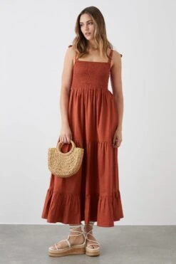 Dorothy Perkins Rust Strappy Shirred Midi Dress
