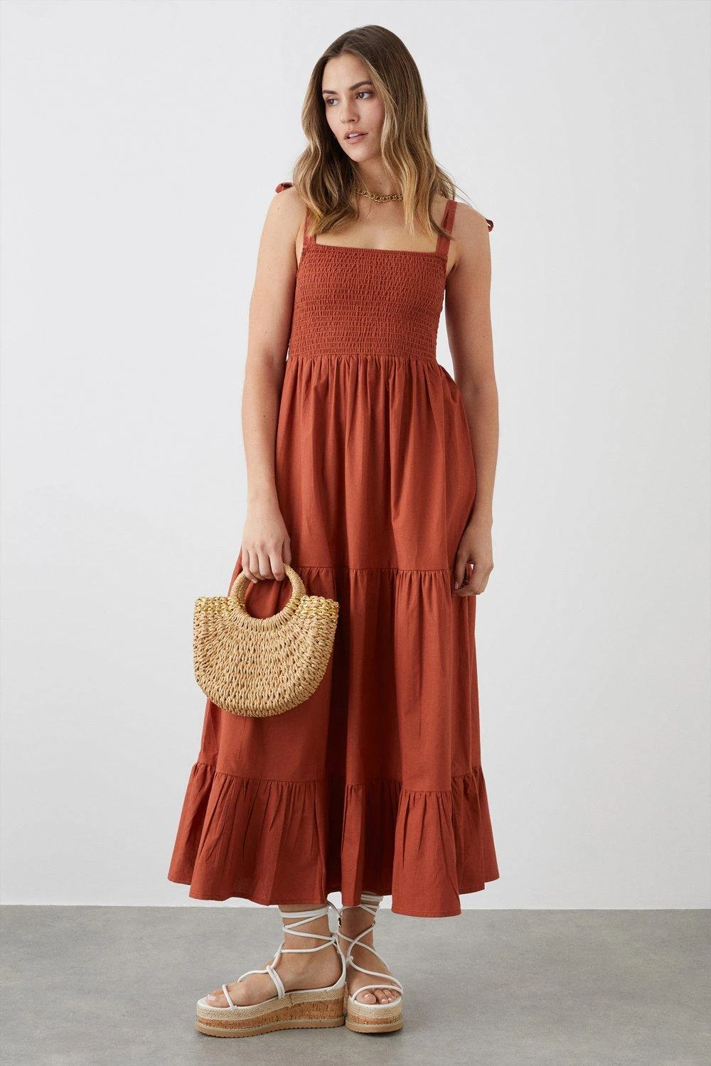 Dorothy Perkins Rust Strappy Shirred Midi Dress 3 Dorothy Perkins Rust Strappy Shirred Midi Dress