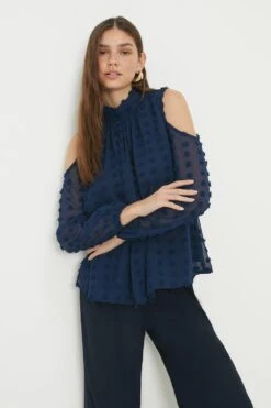 Dorothy Perkins Dobby Chiffon Cold Shoulder Blouse -Perkindo Store bqq12266 navy xl 3