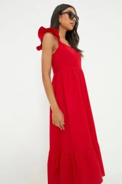 Dorothy Perkins Red Poplin Ruffle Strap Midi Dress