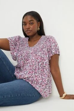 Dorothy Perkins Curve Pink Floral Shirred Yoke Blouse