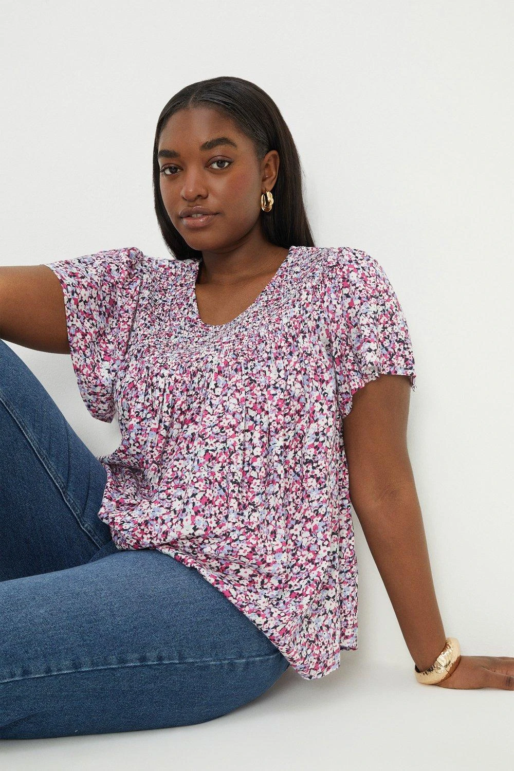 Dorothy Perkins Curve Pink Floral Shirred Yoke Blouse 3 Dorothy Perkins Curve Pink Floral Shirred Yoke Blouse