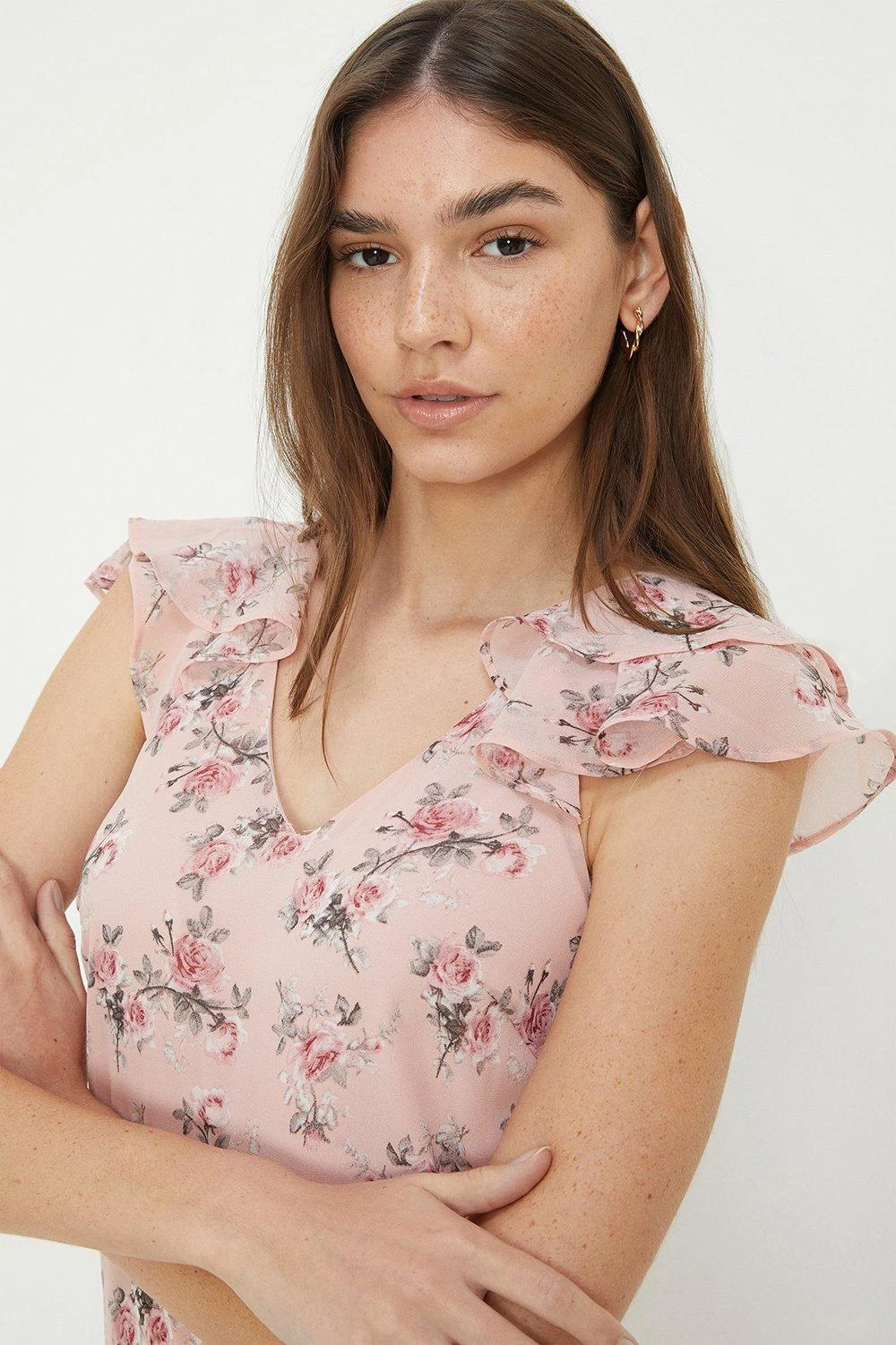 Dorothy Perkins Floral Print Chiffon Ruffle Sleeve Midi Dress 4 Dorothy Perkins Floral Print Chiffon Ruffle Sleeve Midi Dress - Image 2