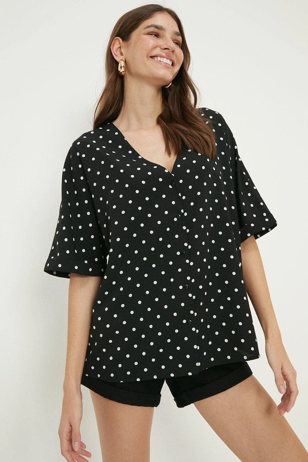 Dorothy Perkins Tall Spot Turn Back Cuff V Neck Blouse 4 Dorothy Perkins Tall Spot Turn Back Cuff V Neck Blouse - Image 2