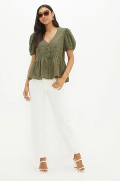 New Release 1 Dorothy Perkins Khaki Broderie Peplum Blouse