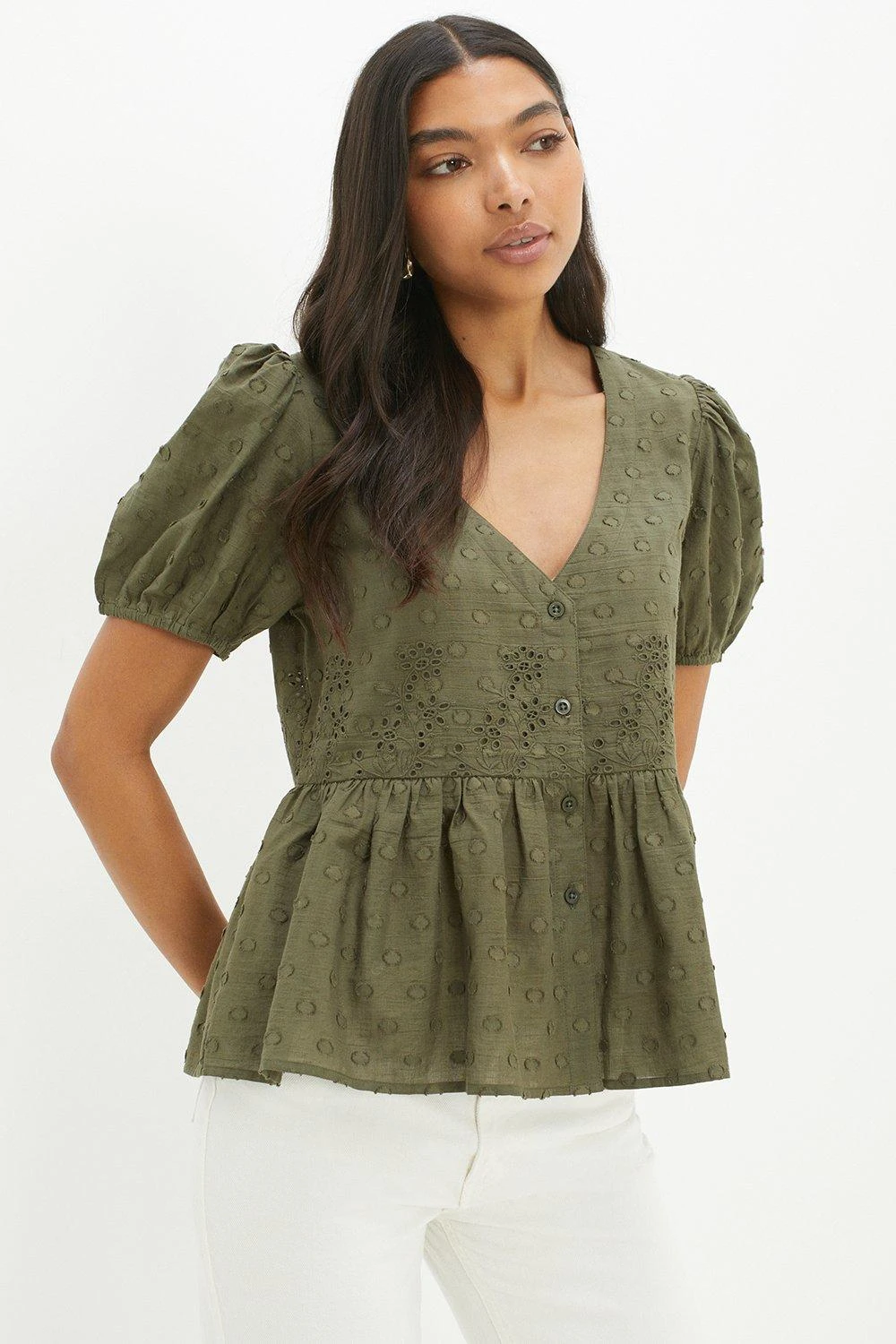 Dorothy Perkins Khaki Broderie Peplum Blouse 4 Dorothy Perkins Khaki Broderie Peplum Blouse - Image 2