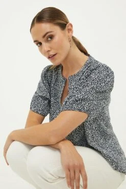 Dorothy Perkins Navy Abstract Puff Sleeve Overhead Shirt