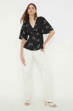Dorothy Perkins Black Floral Button Front Tea Blouse 9 Dorothy Perkins Black Floral Button Front Tea Blouse -Perkindo Store bqq12741 black xl 3